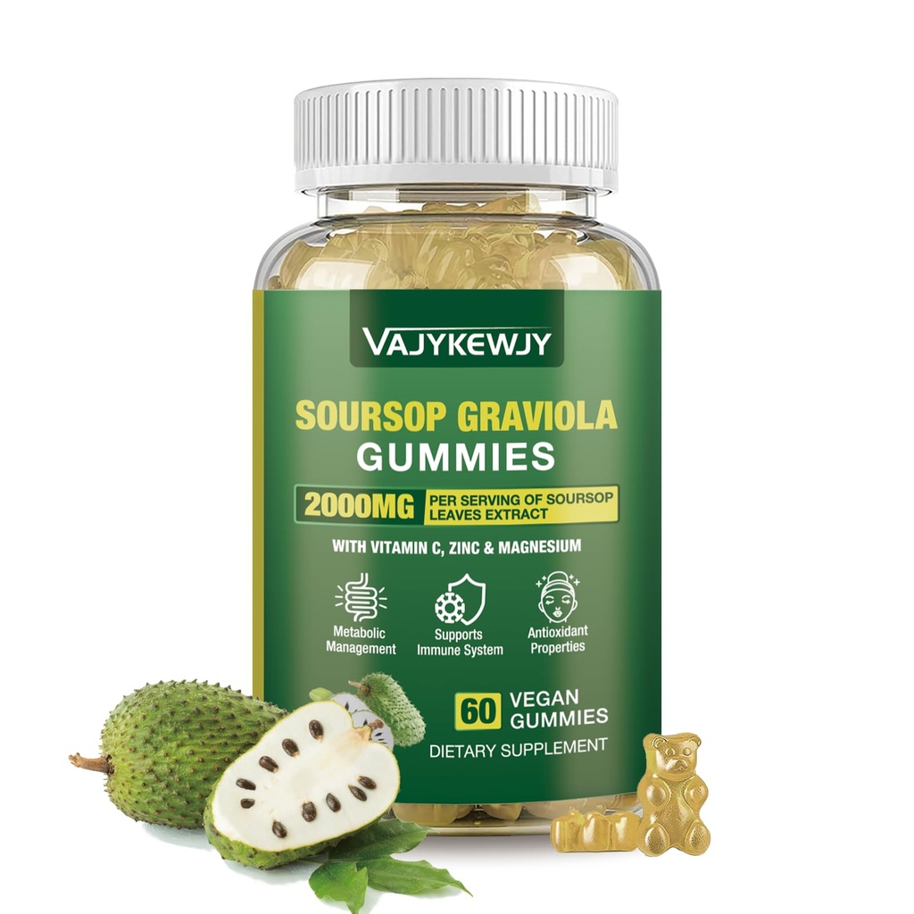 Soursop Graviola Gummys - 2000mg Extra strong Soursop 叶片提取,维生素C,锌和全天然食品豁免,Vegan, 60 Gummys