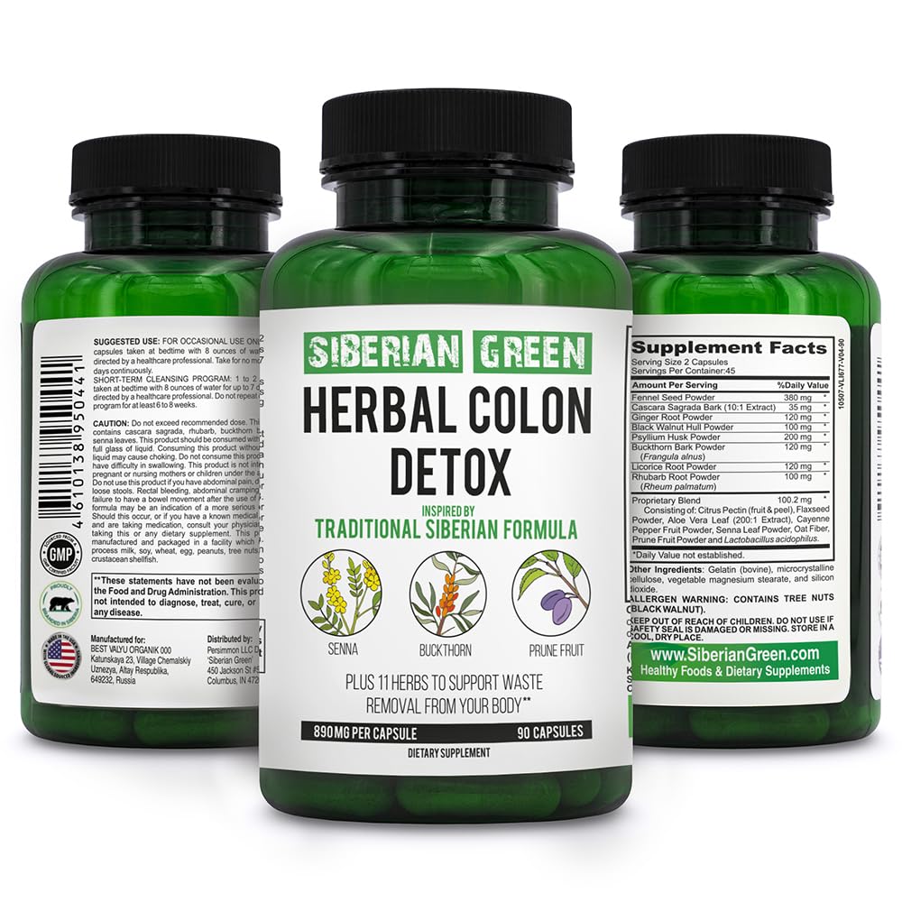 西伯利亚绿草科隆Detox 与 Senna Buckthorn Prune 水果 90 Capsules – 传统西伯利亚方程式 14 草药和杀菌剂 清洁科隆和除毒体