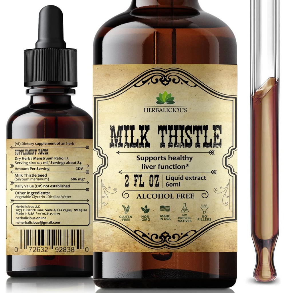 HERBALICIOUS Milk Thistle Extract - All-Natural Cleanse and Detox Supplement for Liver Support, Immune System Boost and Skin Health - Silymarin Nutritional Supplement - 2 fl Oz