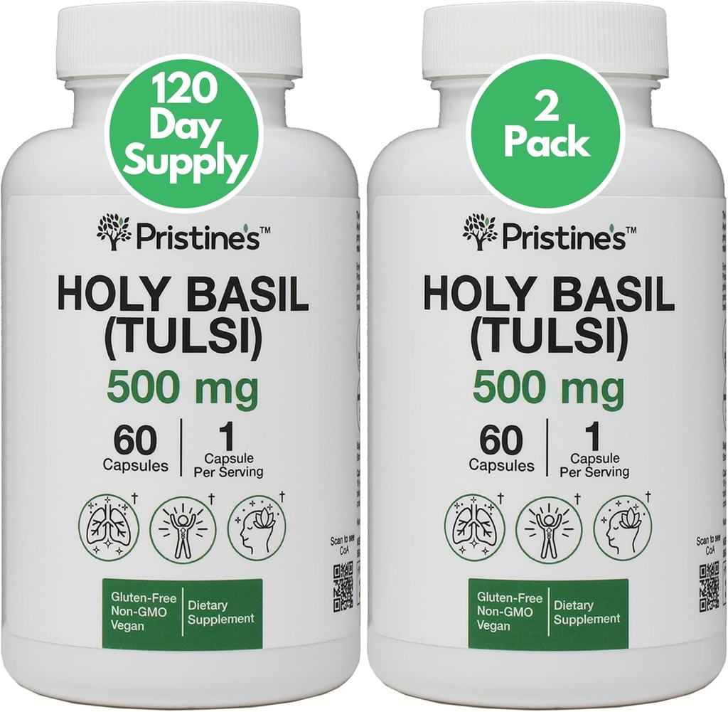 PRISTINE的"圣巴西"(Tulsi)500 mg (2 pack) 放松和豁免支持适应原体补编 - 120天供应 - 圣巴西尔叶卡普苏莱斯 - Vegan - 非GMO - Gluten免费补充