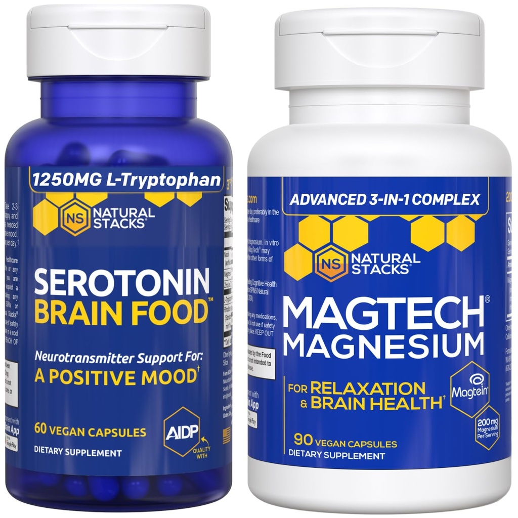 天然聚氯乙烯(MagTech Magneium) + 血清素脑食品包 - 支持放松、脑健康及阳性混合剂* - 150 总包