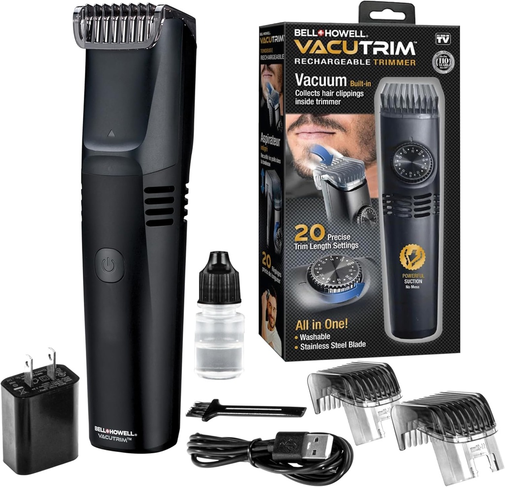 Vacutrim Cordless Mens Beard Trimmer,可充电的电动剃刀,配有20个Trim设置校准拨号以及用于Mustache, Sideburns的内置真空. 面部毛发,黑色,7.5,电视上看到的