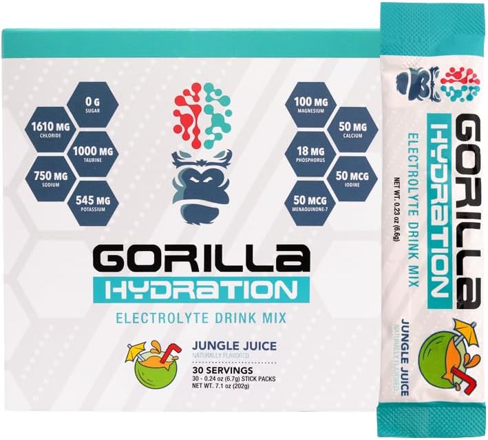 Gorilla Mind Hydrition Packets - 3,073mg Electrolytes on the Go Entertainant drink Mix for February Repution - 零糖,自然甜和快餐友好 - 30 count (Jungle Juice) (英语).