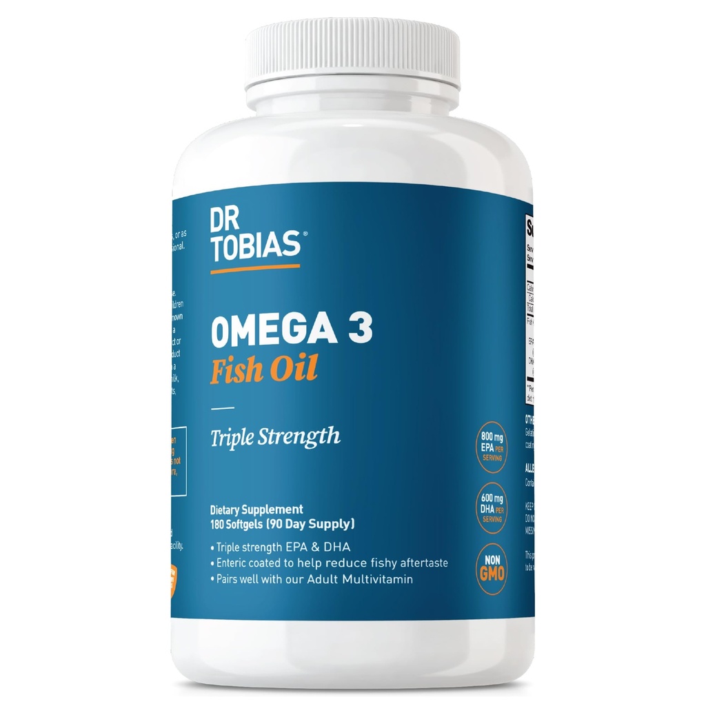 Tobias Omega博士 3 鱼油 2000mg 三重力量,800mg EPA 600mg DHA Per Service QQ 鱼油 Omega 3 心脏大脑和免疫支持补充剂 - 180 Softgels (90 Services)