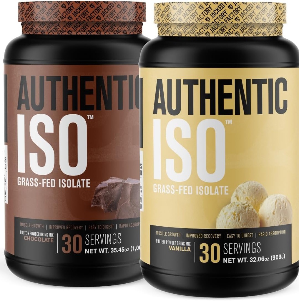 Jacked Factory Authority ISO Grass Fed Whey 蛋白质隔离粉 - 低卡,非GMO 肌肉建筑 蛋白质w/无填料(Chocolate, 30sv) &(Vanilla, 30sv)