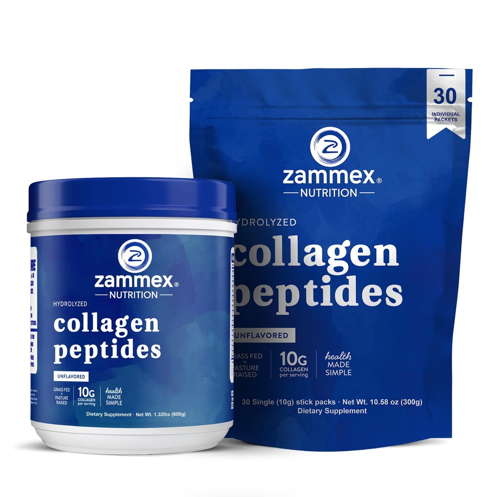 Zammex Collagen Peptides 粉末无味600g + 30 棒 旅行包