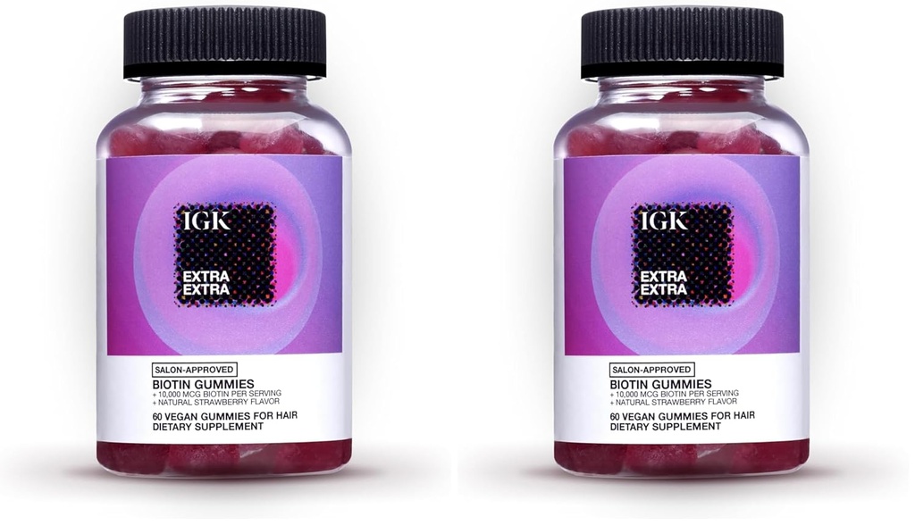 IGK Biotin Hair Gummys 10,000 mcg Biotin (60 Counter), 草莓火焰, 头发生长补充 Gummys for Health hair, Skin & Nails, Vegan, 帮助抗争 头发损失 & Thinning (Pack of 2).
