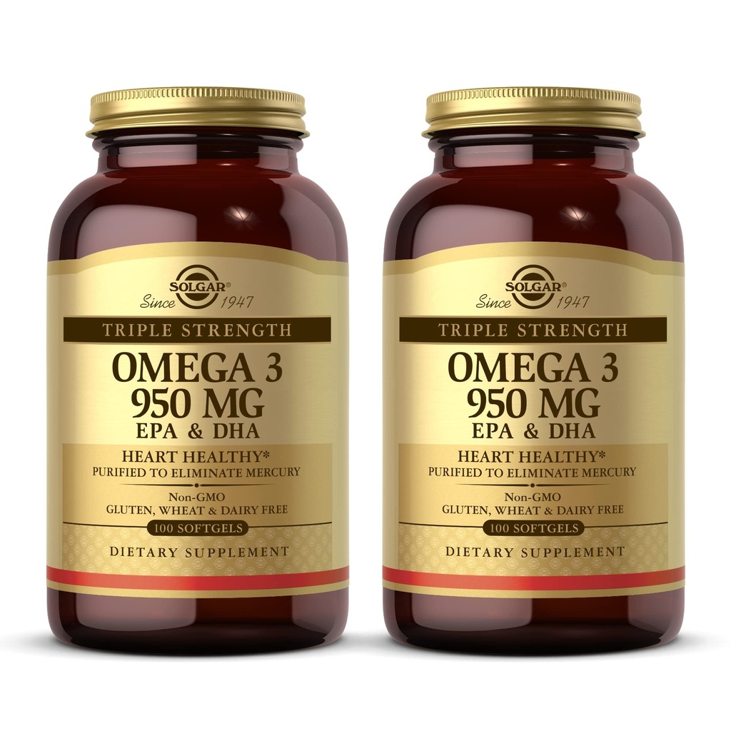Solgar Triple Struge Omega 3 950 mg - 100 Softgels, pack of 2 - 支持联合和皮肤健康 - 非GMO, Gluten Free, 乳品免费 - 200 总服务