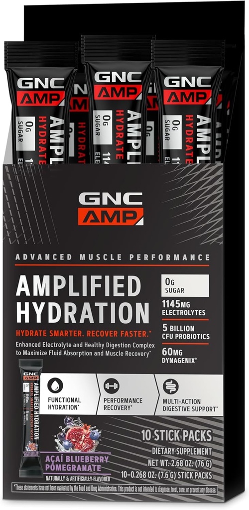 GNC AMP 放大水分 电解 粉末 饮料 混合 增强电解与健康消化综合体 Acai Blueberry Pomegrant 10 Counter