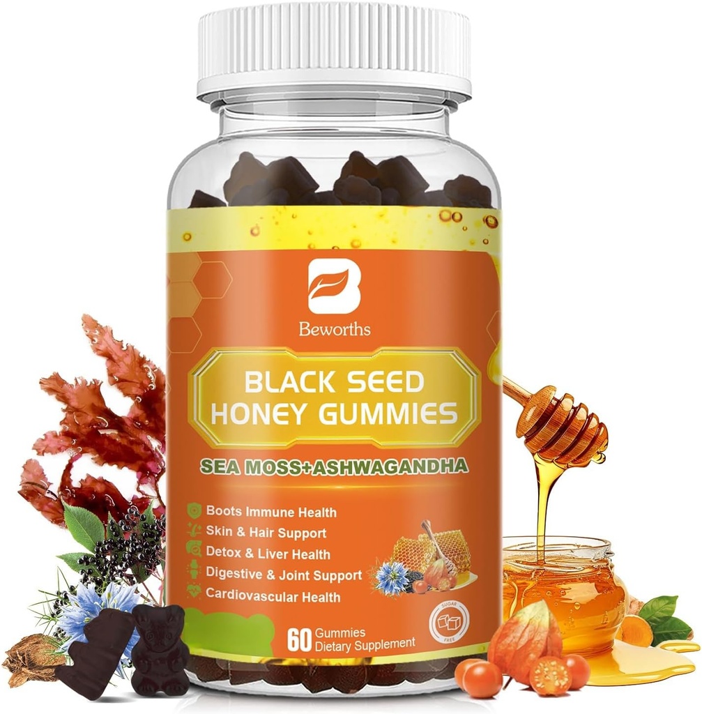 黑种子油海 摩斯 古米 与 Ashwagandha, Burdock Root, Linden Honey, 长老莓, Turmeric, 维生素C, D3 & Zinc - 支持豁免, 联合, 文摘, 头发和皮肤, Vegan Gummys 60 个伯爵
