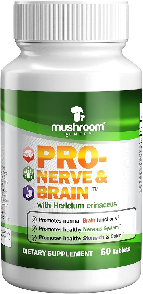 PRO-Nerve & Brain – 记忆、神经系统、胃、科隆、消化器、临床研究的狮子马恩蘑菇提取器、Vegan、Non-GMO、美国制造的60块药片