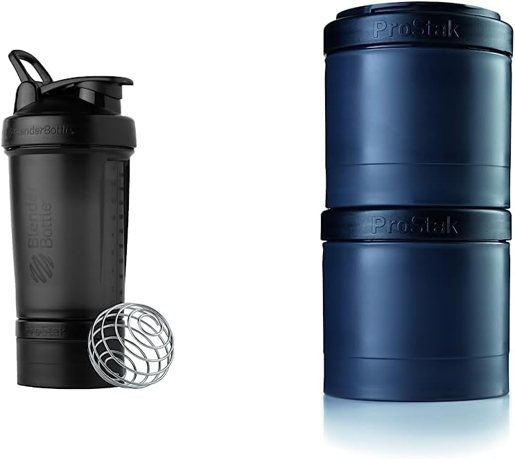 BlenderBottle Shaker Bottle with Pill Organizer and Storage for Protein Powder, ProStak System, 22 Ounce, Midnight Black & ProStak Twist n' Lock Storage Jars Expansion 2-Pak with Pill Tray, All Black