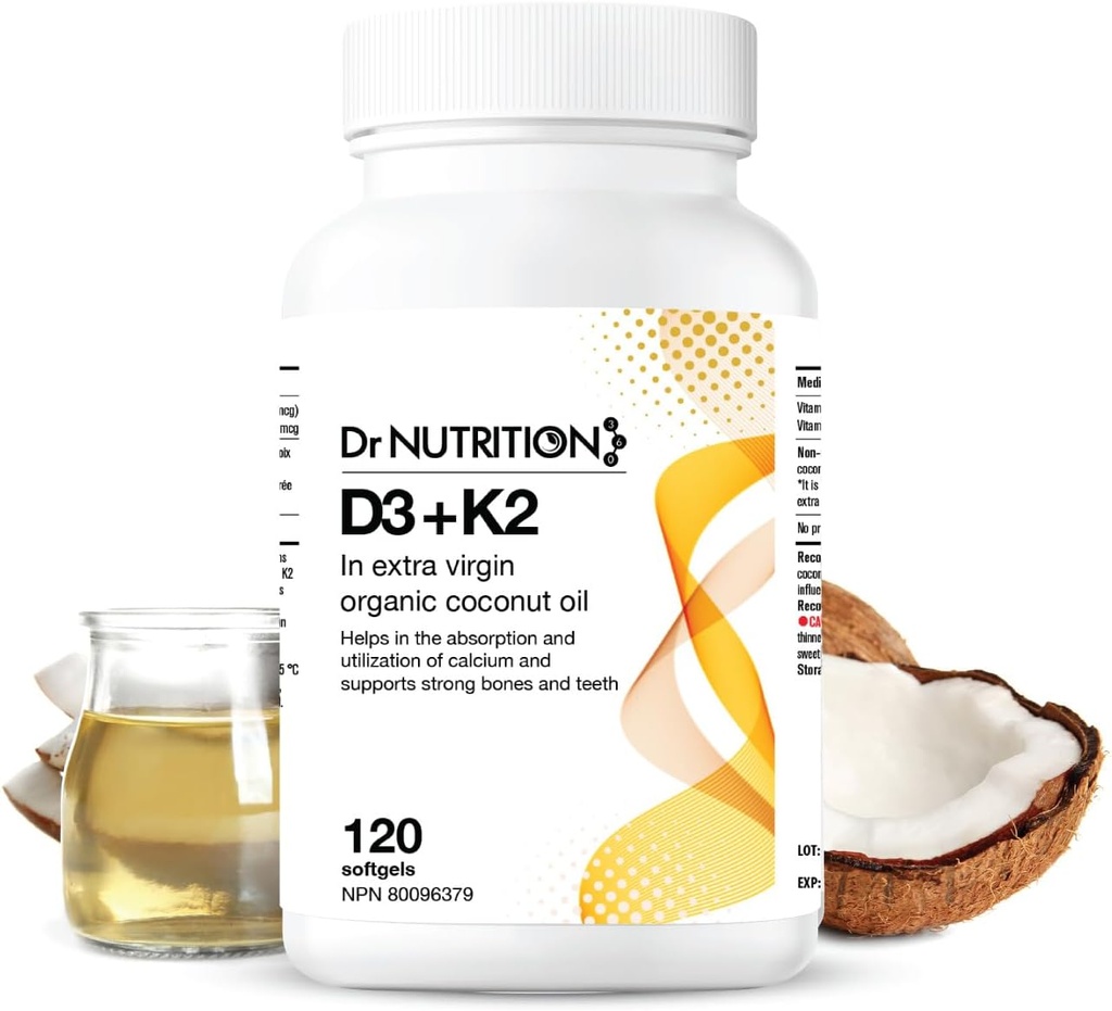 有机椰油中的维生素D3 + K2,维生素K2 MK7 + D3 (1000IU),快速骨和心脏健康公式,帮助吸附和使用钙,支持豁免,改进Mood - 120软胶