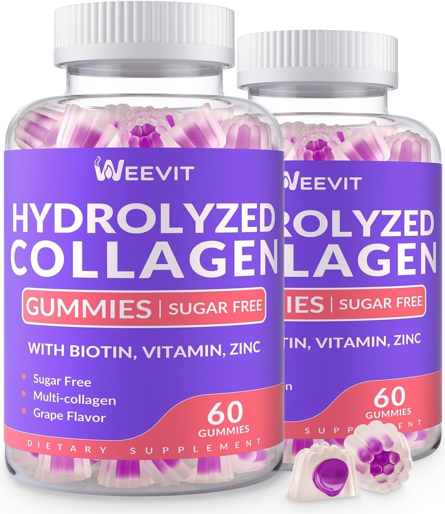 无糖水解Collagen Gummys,Collagen Peptide Gummys for Women, Collagen 蛋白质I,II,III,V,X 与Biotin,维生素C,D,B12 毛皮钉