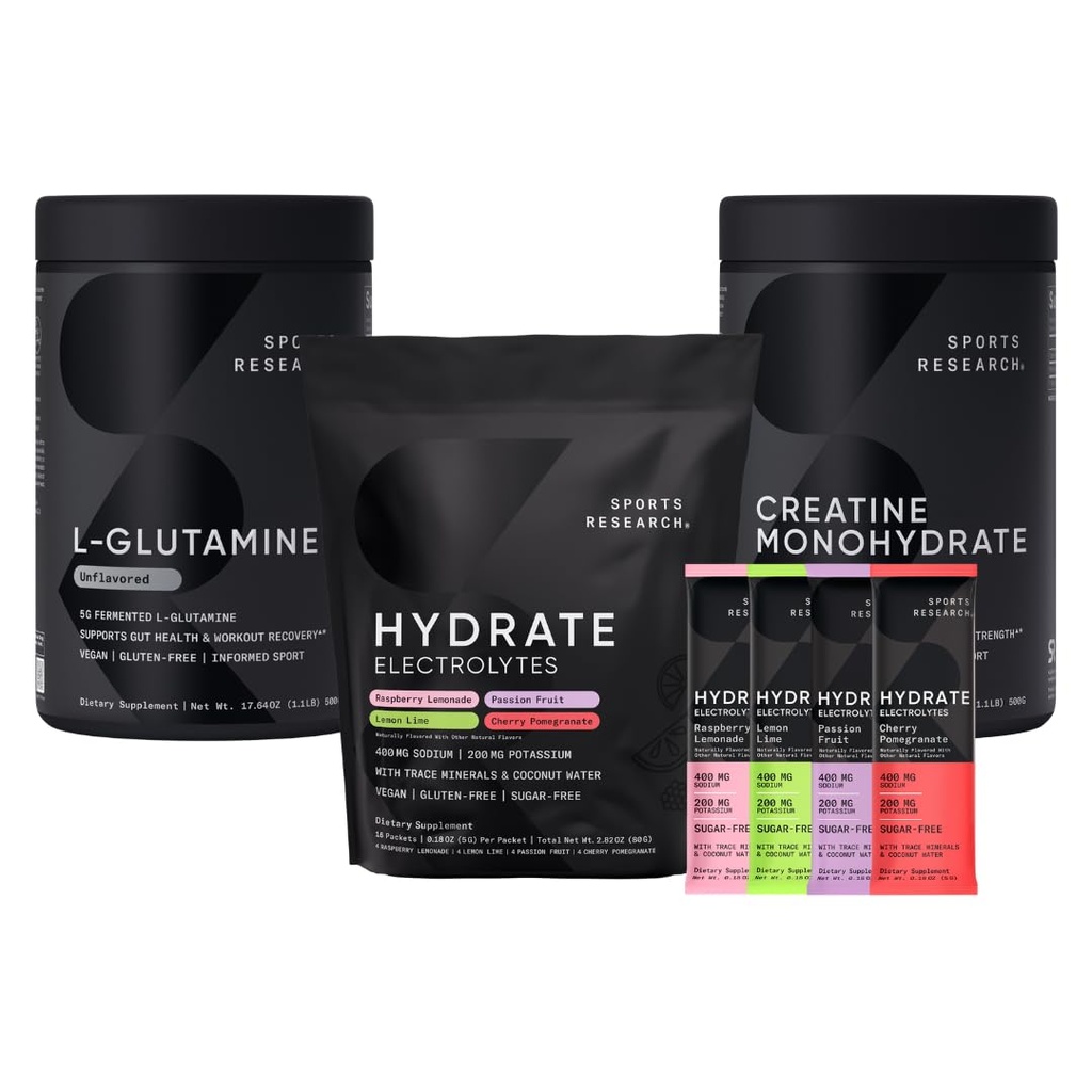 运动研究 L-Glutamine(1.1磅)、无糖天然氟化水合物 16xVarie Packets 和 Creatine Monohdryate(1.1磅)