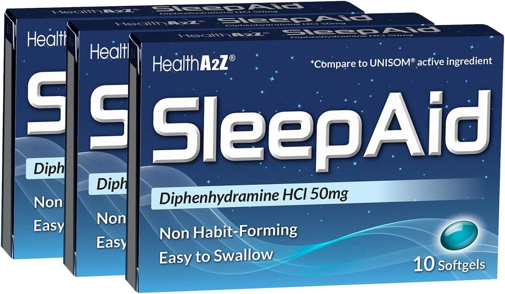 健康A2Z®睡眠援助 |二苯胺 HCL 50mg |软胶 |支持更深的休息 | 10 个计数(包 3)