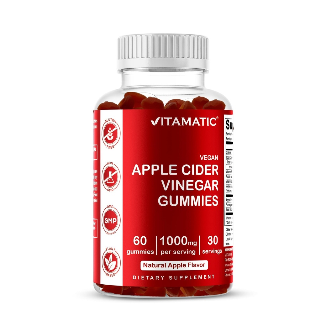 维他命苹果 苹果苹果 葡萄酒 葡萄酒 葡萄酒 葡萄酒 - 每服1000mg – 60 Vegan Gummys - ACV Gummys 用于解毒,体重损失支持,能量靴,消化和古特健康