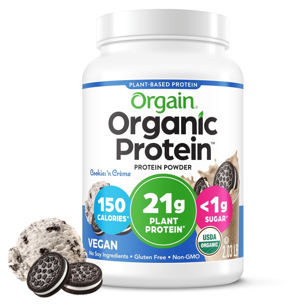Orgain 有机维冈蛋白粉、饼干和奶油 -- -- 21g 植物基蛋白、7g 预生纤维、低净碳、无乳糖成份、无添加糖、非GMO、摇晃和平滑,2.03磅