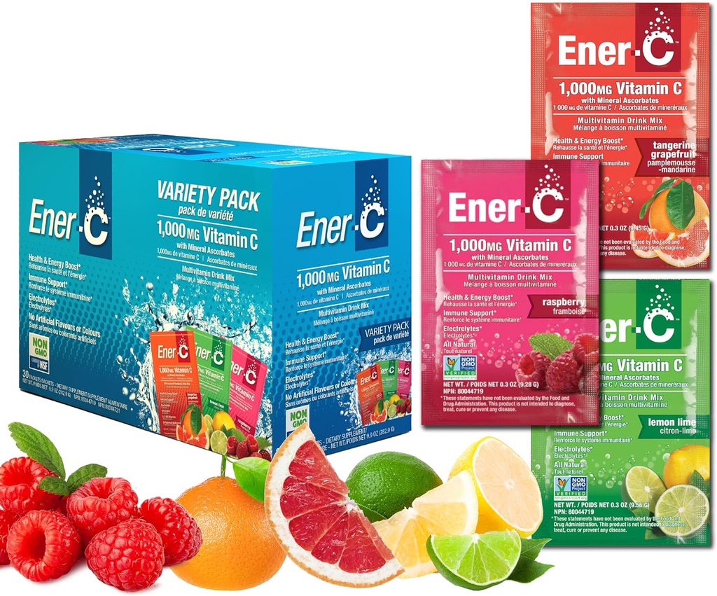Ener-C Varige Pack 多维他命饮料 混合肉粉 维生素 C 1000mg和电解质 配有真实水果汁 自然能源和免疫 支持女性和男性 - 非GMO Vegan & Gluten Free - 30 Counter