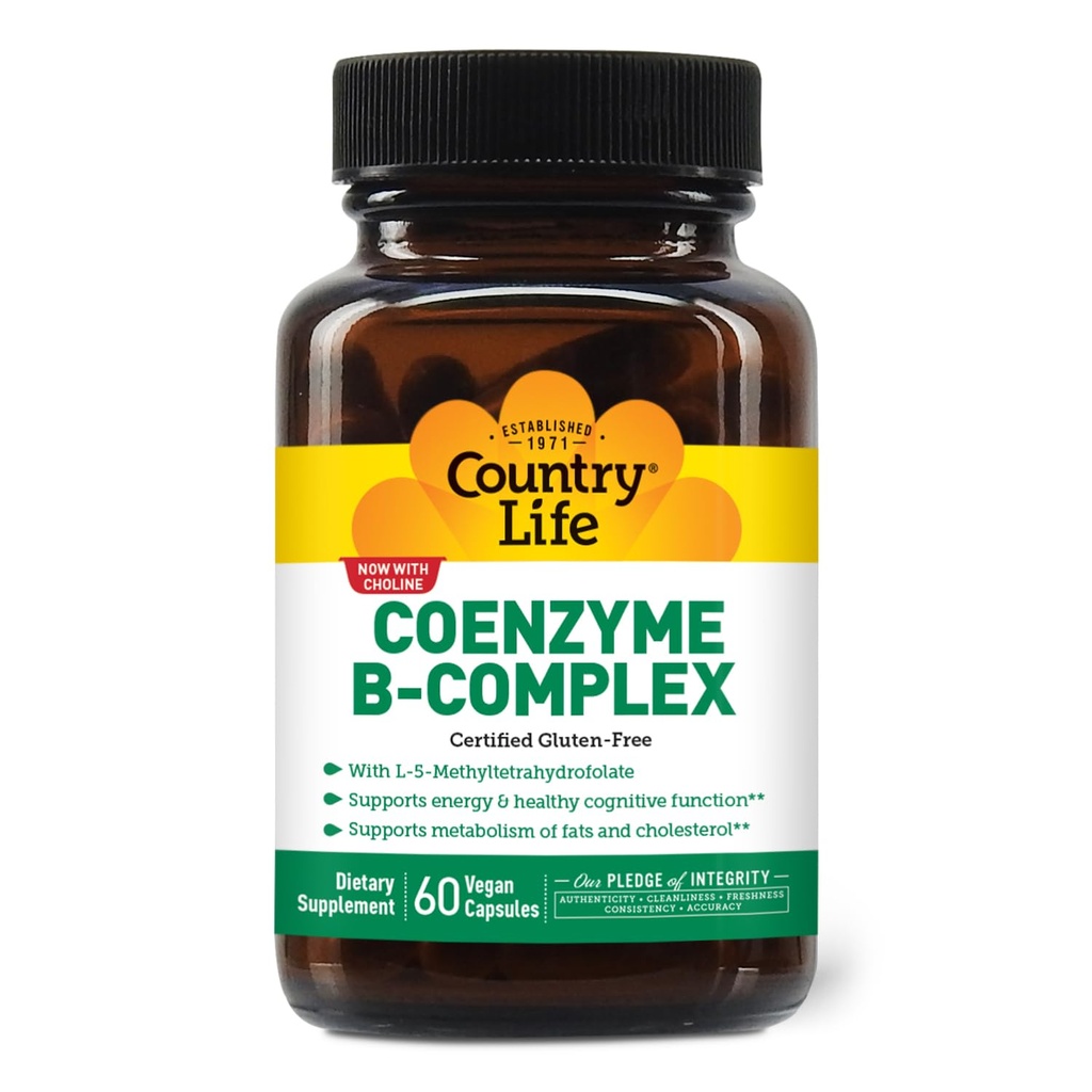乡村生活 Coenzyme B-Complex, 60 Capsules – 支持能量和代谢, Mood & 认知功能 – Vegan, Gluten-Free, 生物可用 B 维生素与 Choline
