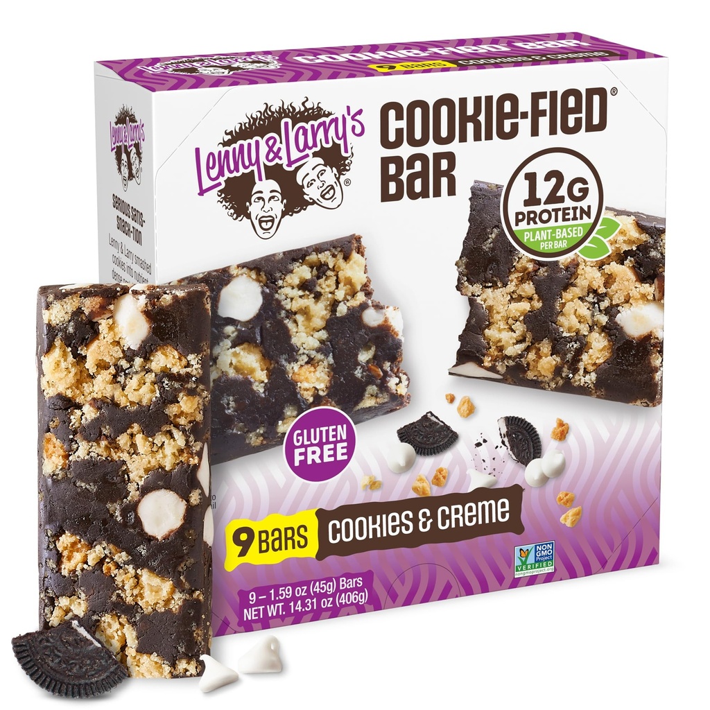 Lenny & Larry's Cookie-fied Protein Bar – Cookies & Creme Vegan Protein Bars 9x45g – Healthy Snacks with 12g Plant Protein & 5g Fiber – Gluten Free Power Bar, Non-GMO & Vegan