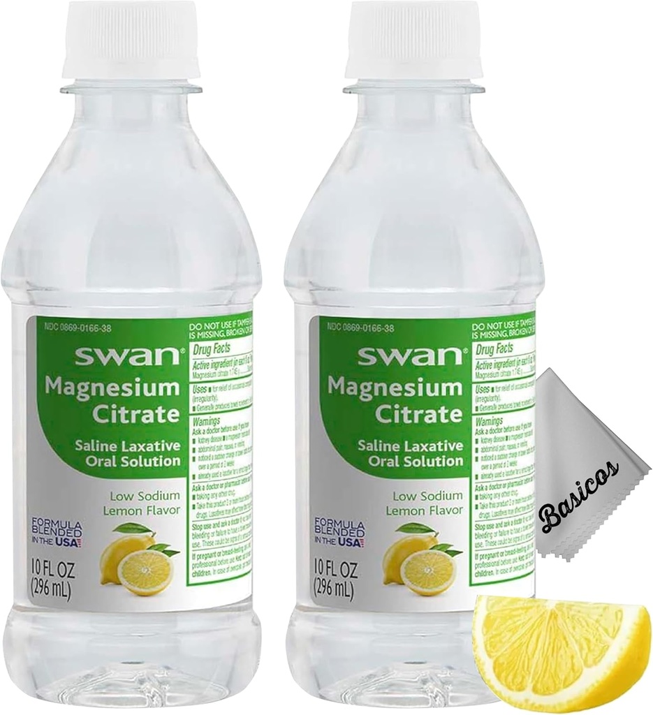 BASICOS 2Pack Swan 柠檬镁 Citrate 口服溶液 10 oz- laxative 补充剂,用于缓解便秘,规律 - Bonus Microfiber Cloth