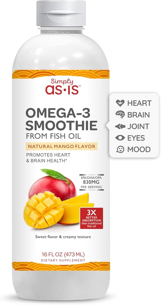 AS-IS Just 16 f oz (31 services) 鱼油的Omega-3 Smotie 鱼油促进心与脑健康 乳品与糖自由 天然芒果火焰