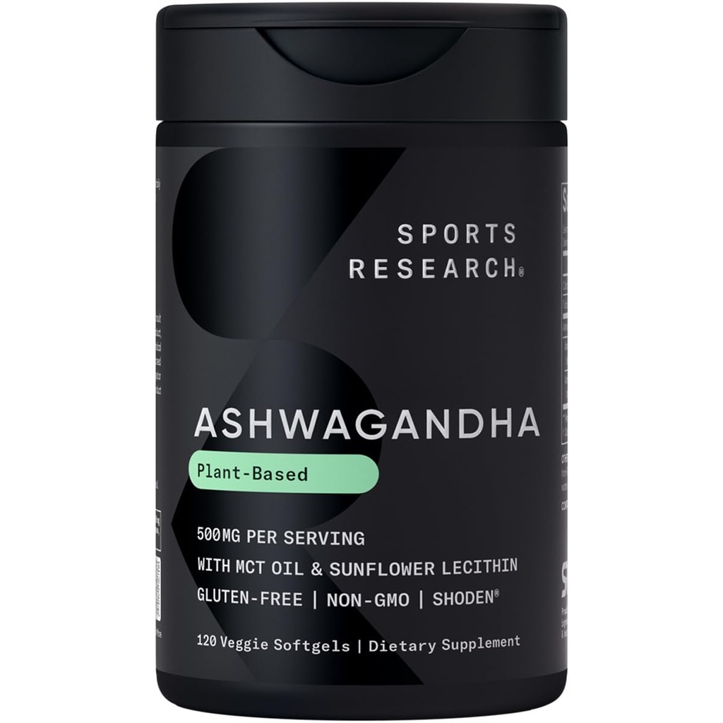 运动研究 • Ashwagandha Softgels with Coconut MCT Oil - 天然Ayurvedic 适应原物与Shoden * * Ashwa 用于放松、冷静和睡眠支持 - Gluten Free & Vegan 友好 - 120