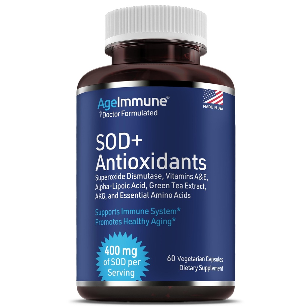 SOD 抗氧化剂复合型健康衰老补充剂 - 400毫克超氧化物分离酶 - Alpha Lipoic Acid - L-Arginine - Lysine - AKG - 维生素A - 维生素E用于免疫支持 - 60 Capsules