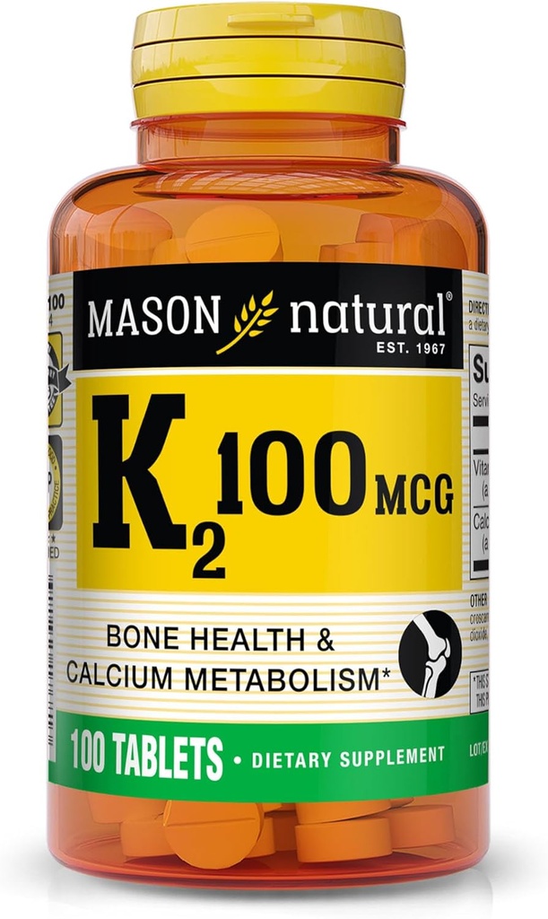 MASON 天然维生素 K2 100 mcg 含钙,支持骨骼,心脏和肌肉健康,100平板
