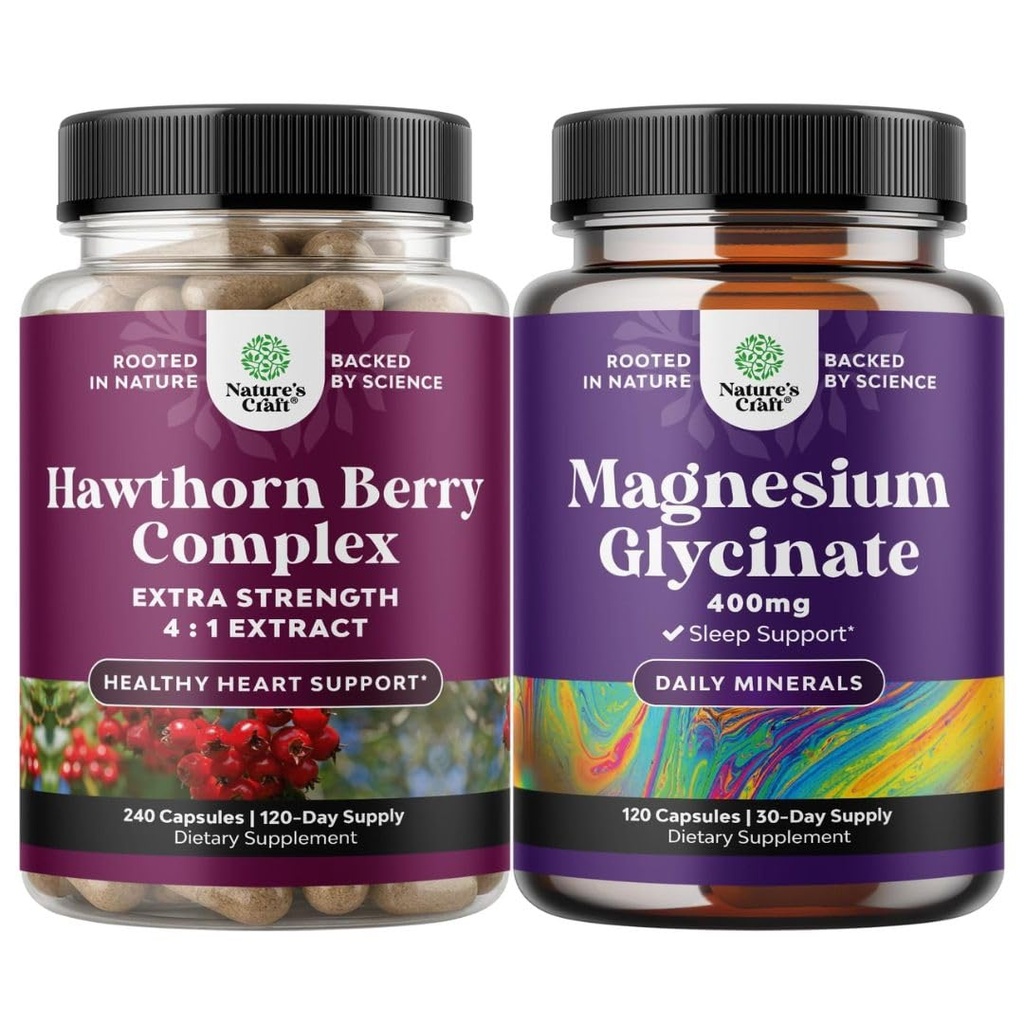 Natures Craft Bundle of Extra Strict Hawthorn Berry Capsules - 摘录文摘和心脏健康补编和纯镁 Glycnise 400mg 单人为蒙德睡眠和放松服务