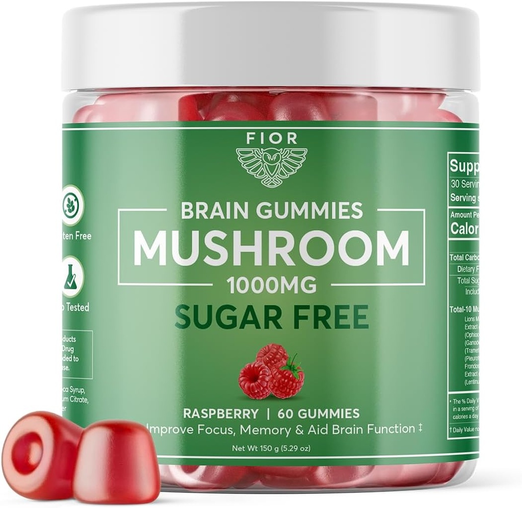 FIOR 天然无糖蘑菇 Gummy 总蘑菇 Blend Supplement, 60 Counter, 多蘑菇综合体, 狮子 Mane, Chaga, Cordyceps, Reishi, 土耳其 Tail, Maitake, Shiitake, 王小号