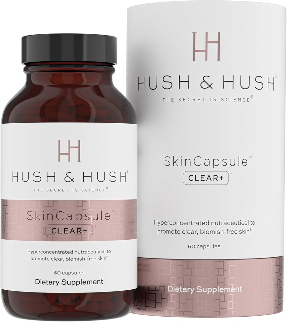 Hush & Hush SkinCapuleTM Clear+, 皮肤护理补充剂, Vegan, 面部Acne治疗, 含有维生素A的清洁营养素补充剂, Turmeric, Dandelion Root, Zinc - 60 Capsules