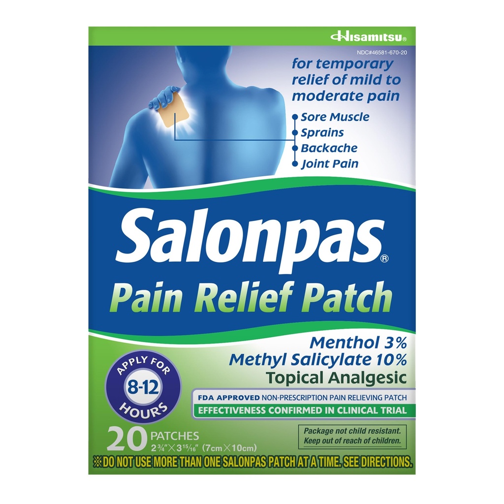 Salonpas 疼痛救济补丁, 20 Counter (Pack of 1), 最多12小时的暂时救济 Mild to Mentrate Pain, Backache, Sore Muscle, Sprains, Bruises