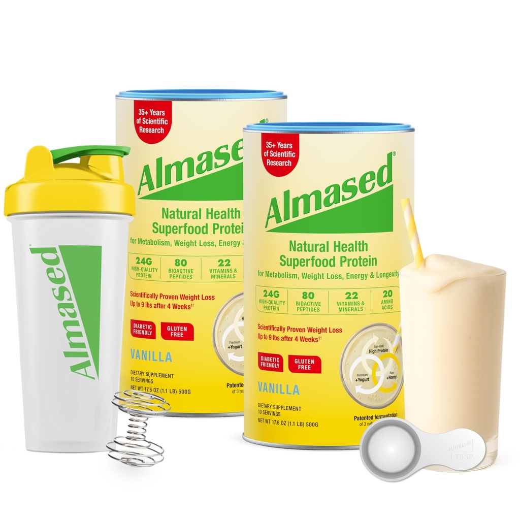 Almased Meal Control Shakes for Wight Loss - 蛋白质粉 - 启动器 Kit(Almond Vanilla Flavor, 2 Cans of 17.6 oz + Shaker Bottle + Scoop) 重力损失置换器 - 蛋白质粉 - 启动器 Kit(Almond Vanilla Flavor, 2 Cans of 17.6 oz + Shaker Bottle + Scoop)