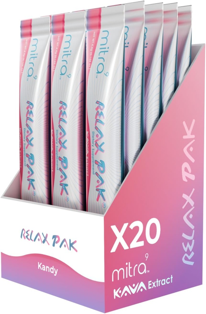 Mitra9 Kava粉末放轻松Pak - Kandy Kava 抽取粉末包装 | Mood 增强器 | Plant based | 促进自然平静和明亮 | Easy Open 单服务棒(20)