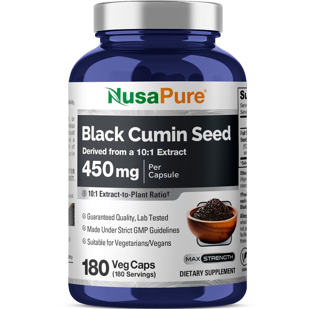NusaPure 全谱黑胶种子 10:1 提取物,450 mg 等效于 4,500 mg 180 Veggie Powers Non-GMO, Vegan Non-Oily