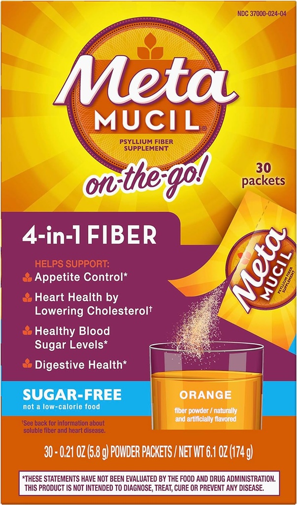 Metamucil 纤维 4- in-1 Psyllium Fiber 补充无糖粉 单服务包 橙色火焰饮料 2 盒 30 包 (OLD)