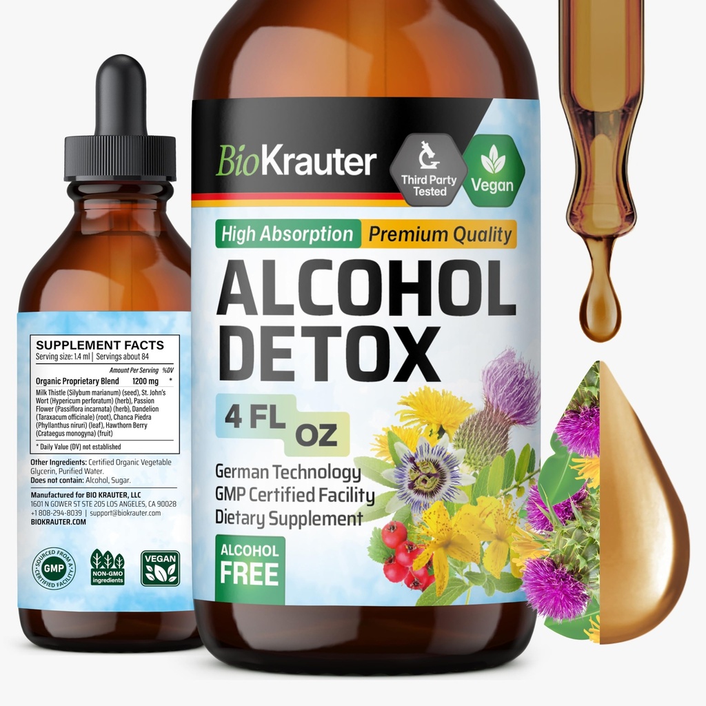 BIO KRAUTER 酒精解毒丁香 - 肝脏清洁剂配方 - 牛奶硝酸盐 & Dandelion - 肝脏解毒液提取 - 无酒精和糖 - Vegan Drops 4 Fl.Oz.