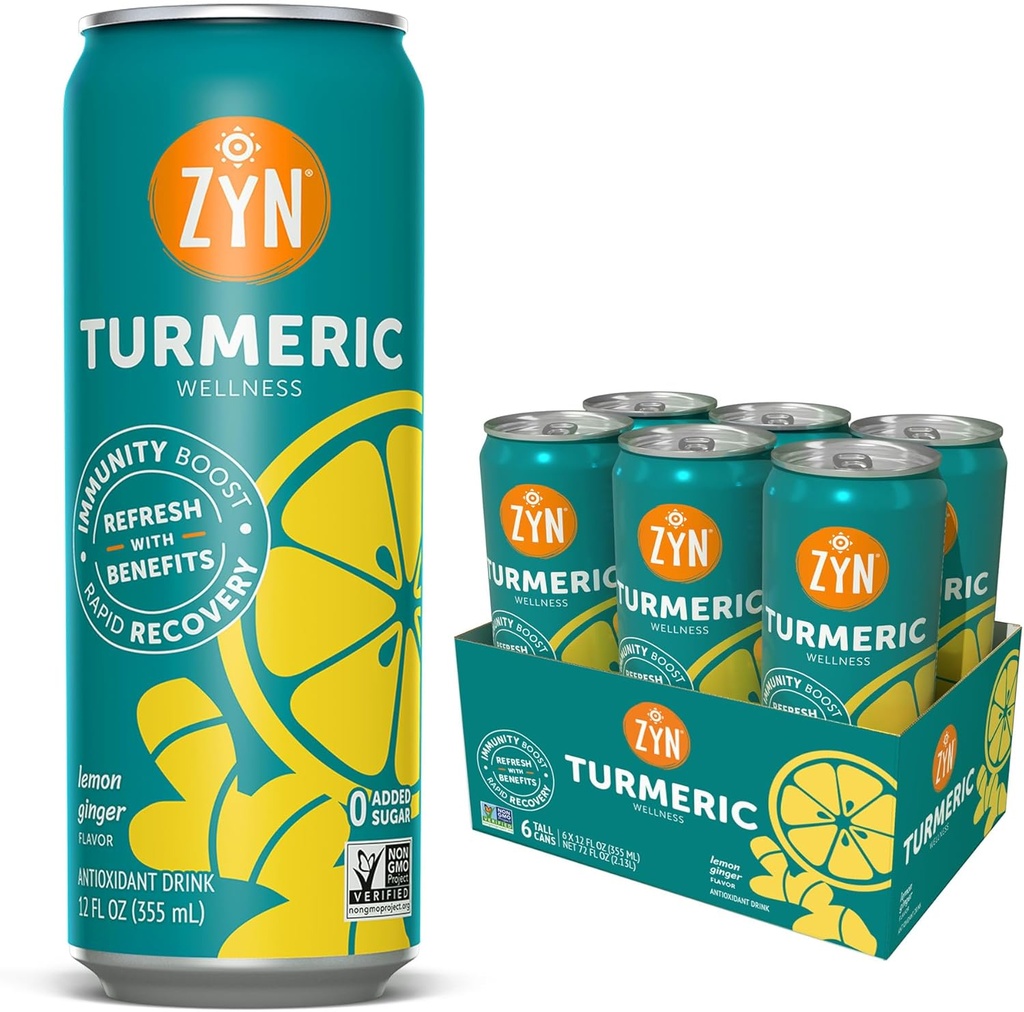 ZYN Turmeric Wellness drink (6 Pack),柠檬姜火烧的Turmeric Crucumin 与黑辣椒饮料,无添加糖,低卡布和低卡罗里饮料,清洁替代品