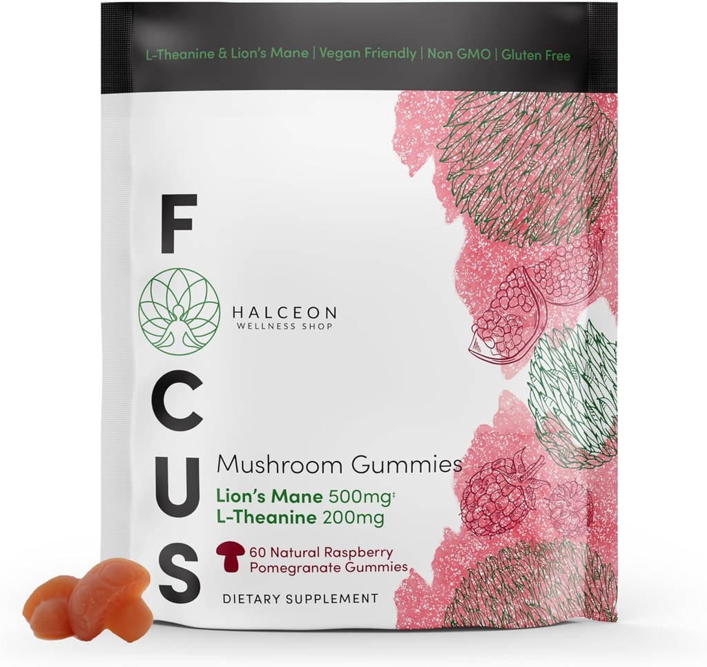 Halceon Wellness 蘑菇口袋 - 狮子的马内蘑菇和L-Thenine 大脑健康补充剂 - 诺热带蘑菇补充剂 - Non-GMO Vegan Lion Mane Mushome Gummys for Focus - 60 Count