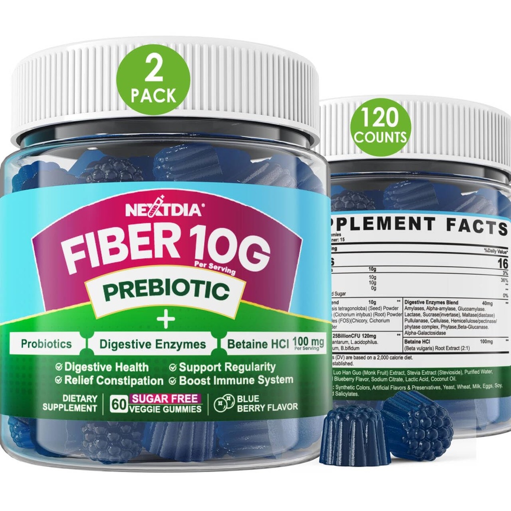 Fiber Gummys for Adults, Sugar Free 10g Prebiotic Fiber 配有消化酶, Probiotics & 100mg Betaine for Digestive & Gut Health and regulated Bowel Movement, Vegan, Gelatin Free, 120cmt 配有消化酶的食谱和100mg Betaine 配有消化和古特健康及调节鲍尔运动, 维冈, Gelatin Free, 120ct
