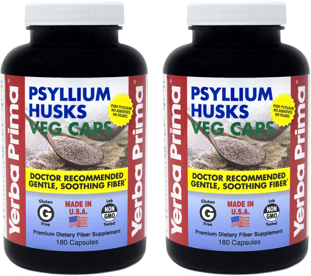 Yerba Prima Psyllium Husks Veg Caps - 180 count (2 Pack) (625mg) - Vegan, Non-GMO, Gluten Free, Colon Cleanser, 古特健康与规律的每日纤维补充剂