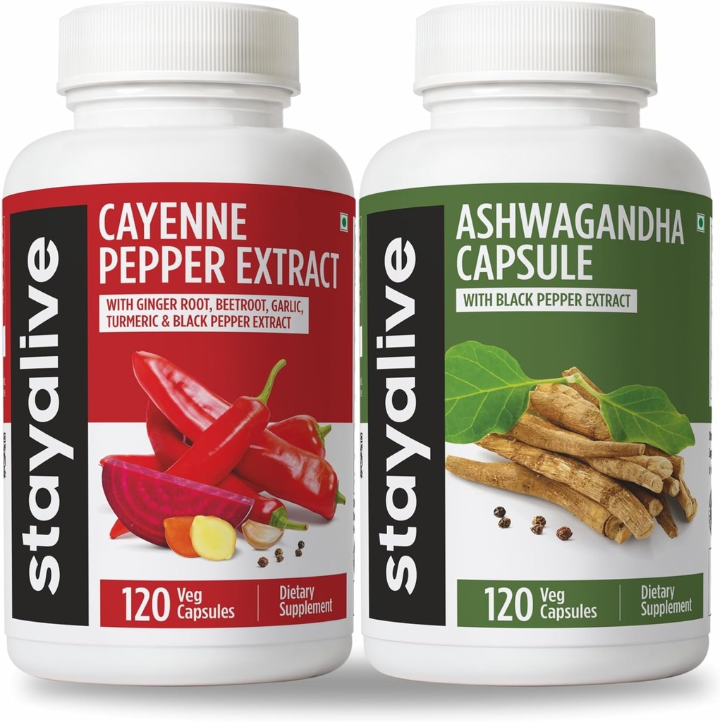 活生生的Cayenne和Ashwagandha Bundle w/Black Pepper Capsules, 240 Vegan Pills, Non-GMO & Gluten Free Ashwagandha Cayenne Pepper 补编