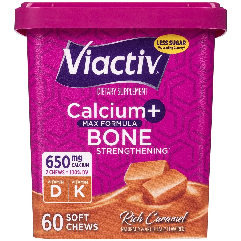Viactiv Calcium + 维生素D 补充 女性和男性的软厨 - 骨质健康支持的可选钙,每服650毫克,高吸收的维生素D & K - 60计,焦糖