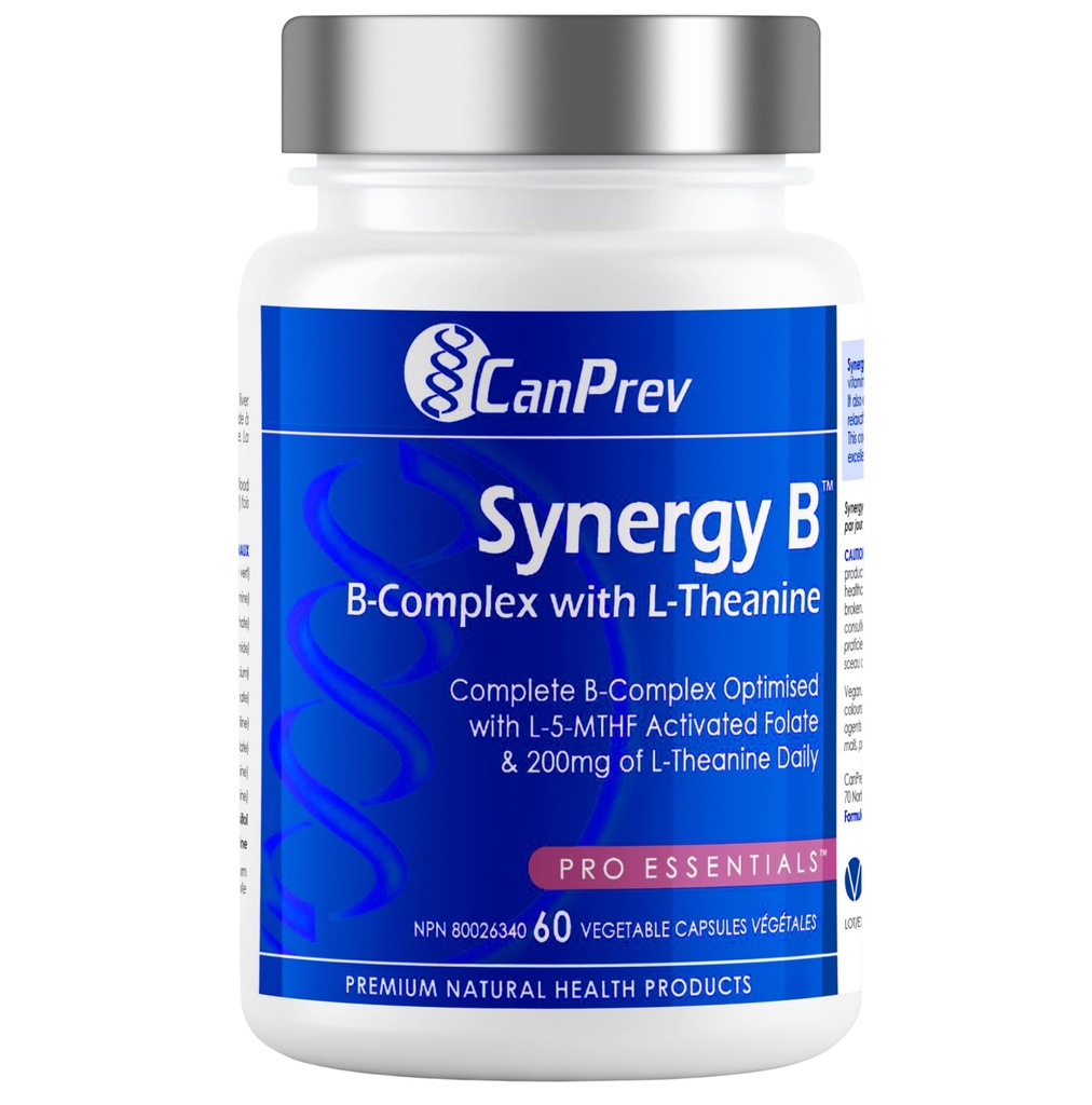 CanPrev Synnergy B 综合体与L-Thenine 60 Capsules 30天供应 - 促进精神放松、改善能源、认知清晰度和支持体与心 - Vegan、Non-GMO和Gluten-Free