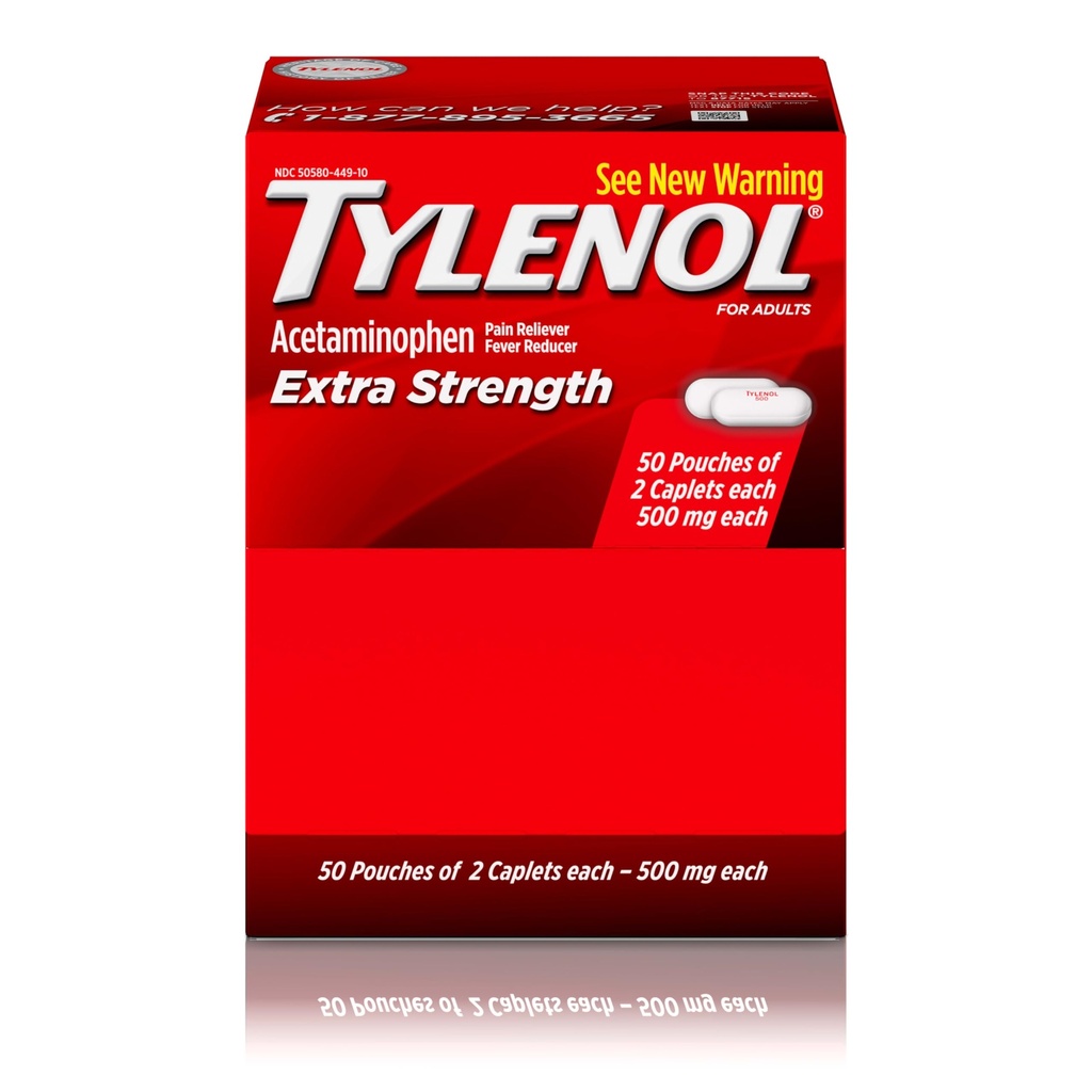 Tylenool Extra strong Acetaminophen Caplets, 500 mg, 减轻头痛、背痛、牙痛、月经结节和疼痛、旅行友好包装、2卡布袋、50个计数