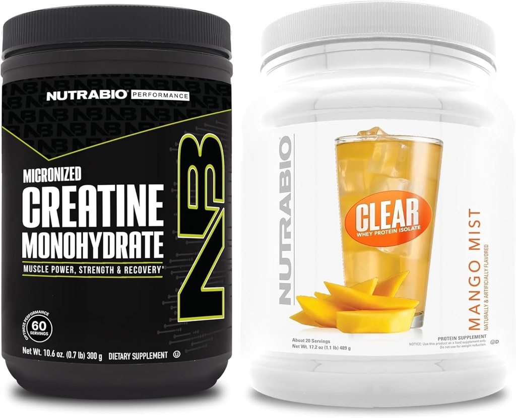 NutraBio Creatine 单水合物,无氟酸盐,(300克)和Clear Whey蛋白质溶液,(芒果雾)补充包-肌肉能源,最大增殖,恢复和强力