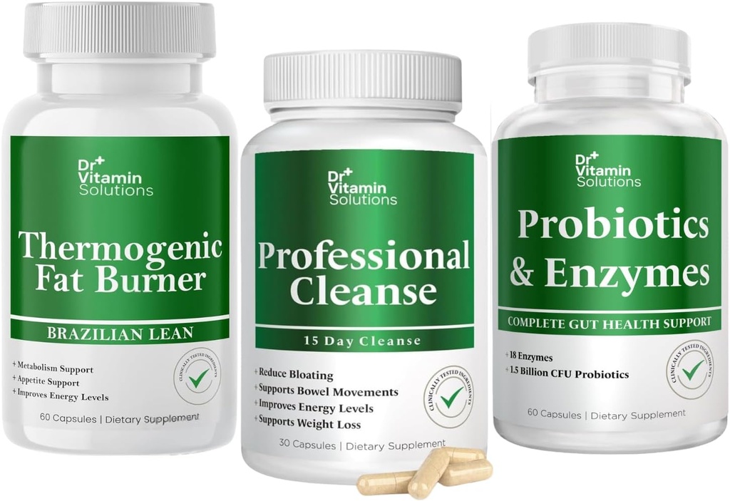 VITAMIN SOLUTIONS 热致性脂肪燃烧器和专业脱氧洗涤盒 -- -- 15天的重量管理、Gut保健和Bloating Relief -- -- 240盖