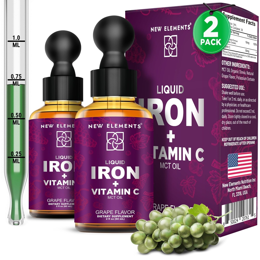 [2 Pack] 液态铁补充剂配有维生素C – 18mg 铁 & 50mg 维生素C 支持贫血 – 女性和男性的造血者滴血 – 快速吸收,靴子能量和豁免 – Vegan, Non-GMO